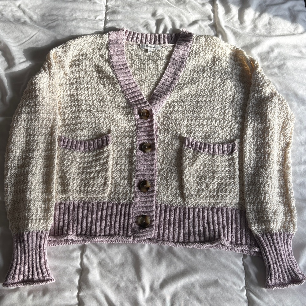Madewell Cream Cardigan with Lavender Trim